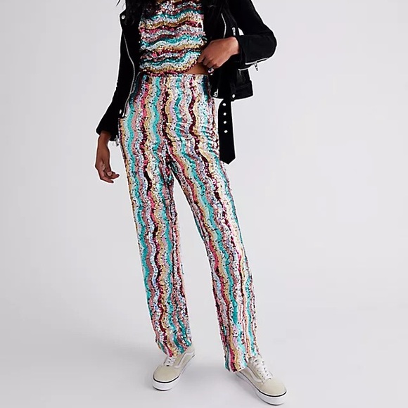 NWOT Free People 70’s Disco Flare Sequin Multi Colored Pants Z455-2